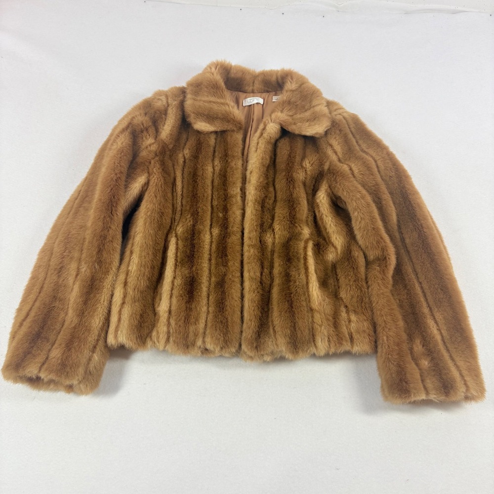 LOFT Faux‎ Mink Fur Jacket Womens Size 8 Brown Excellent Coat Mobwife Maximalist